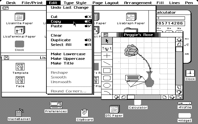 Apple Lisa 2 screenshot. Desktop, folders, menus and icons are already there.
