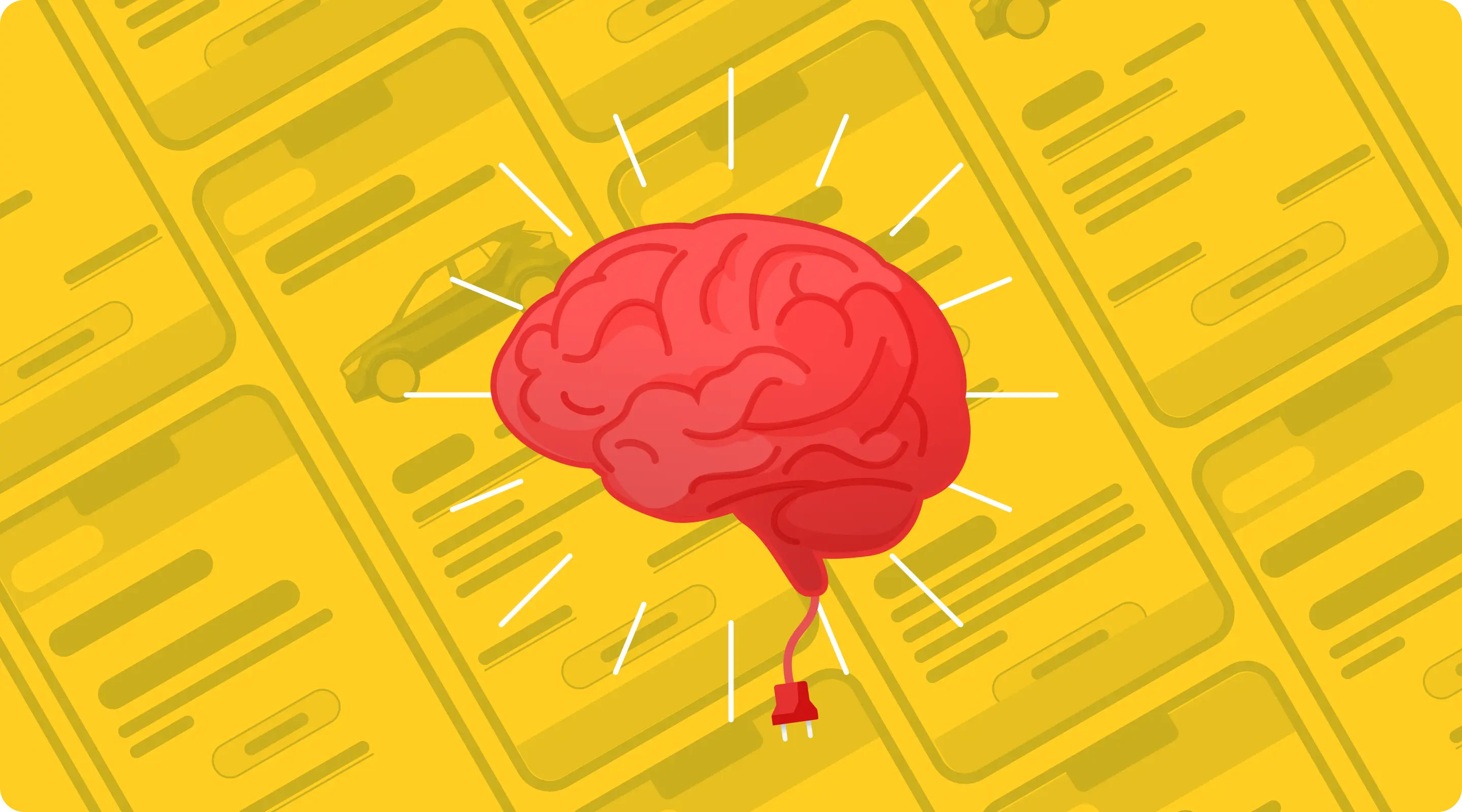 An illustration on a brain with an electrical plug unplugged, over a background of prototypes of the reservation journey.