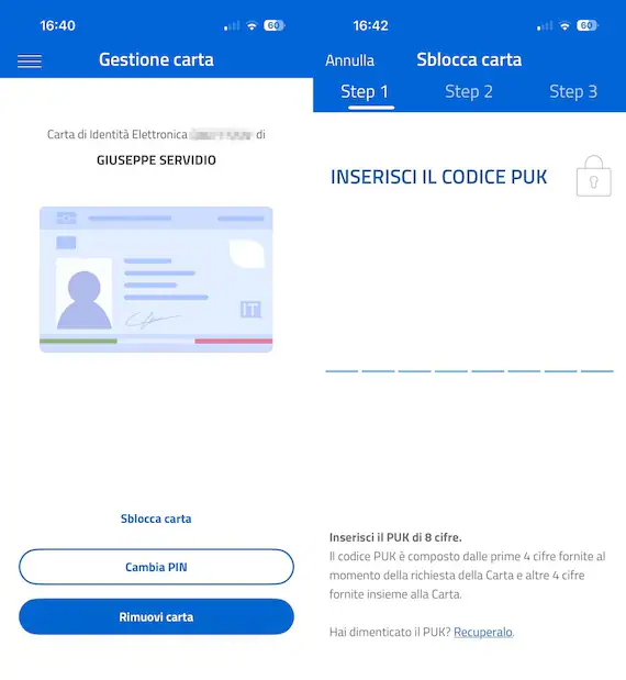 Screenshots from the Italian CIE (Carta d'Identità Elettronica) app showing the card management screen and a PUK code entry screen with a three-step unlock process requiring the PUK number. An explanatory note within the image describes how the PUK number is composed and obtained.