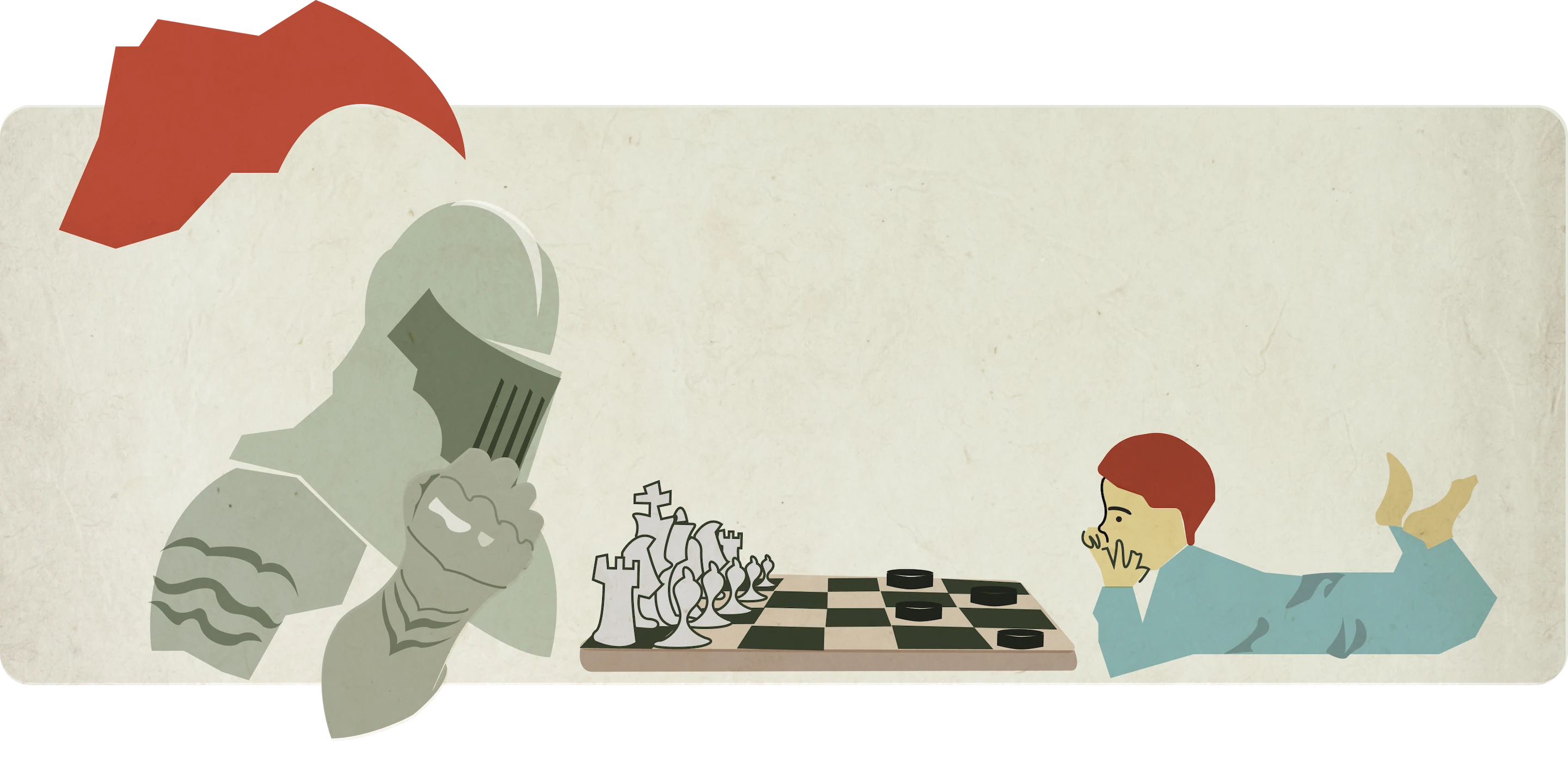 A solemn medieval knight in grey armour, fists clasped in deep concentration, faces a small child across a chessboard. The knight's side is set up for chess, with white pieces formally arrayed; the child, lying on the floor with chin propped on a hand, has black checkers scattered loosely on their side. A red banner-shape floats above the knight's helmet. Both figures are absorbed in their own game.