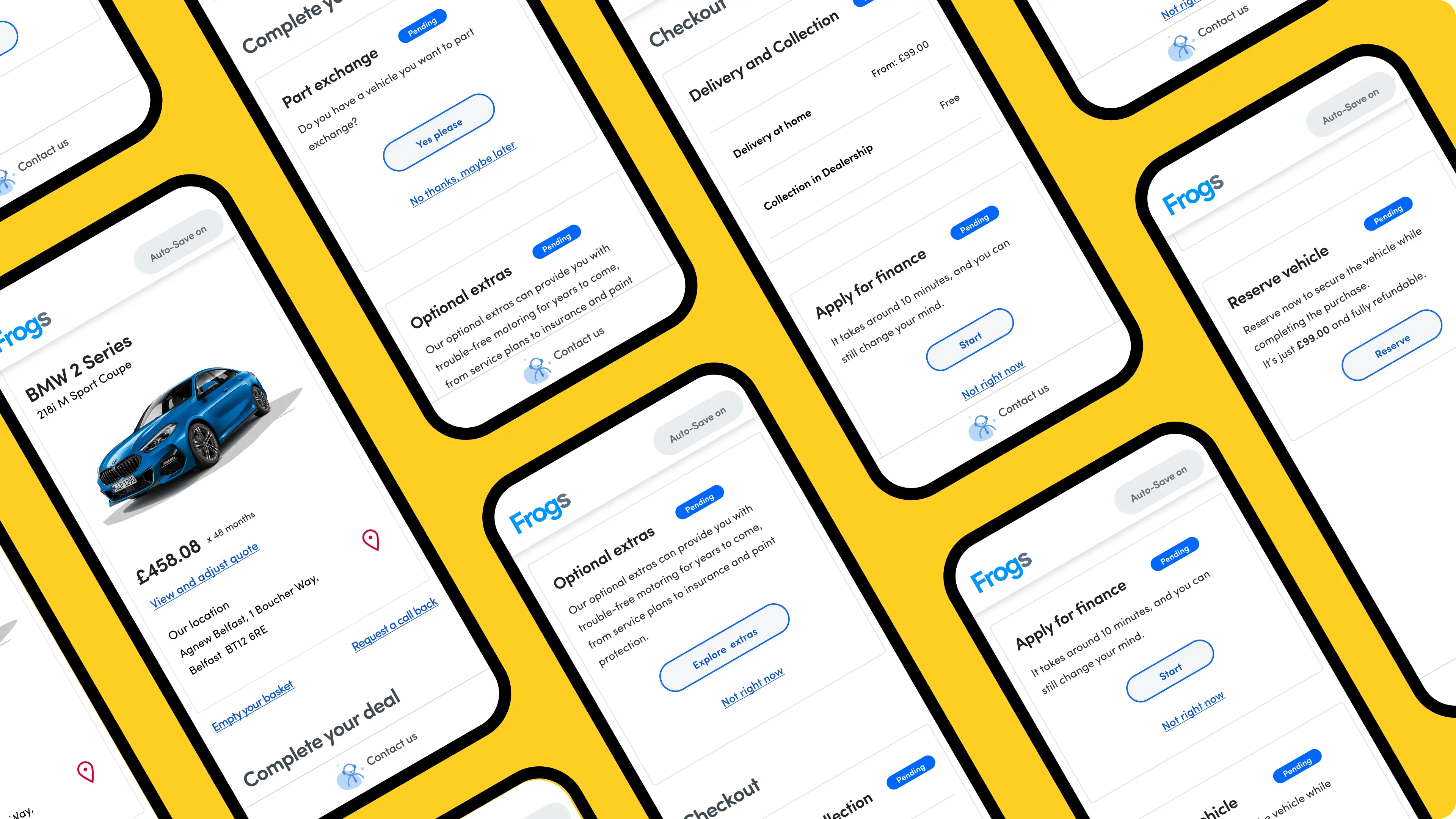 Some screenshots of the Reserve & Collect journey on mobile devices. This image is a collage of screens created for the prototype, and they are tilted 30 degrees. It's more an illustration than a technical drawing.