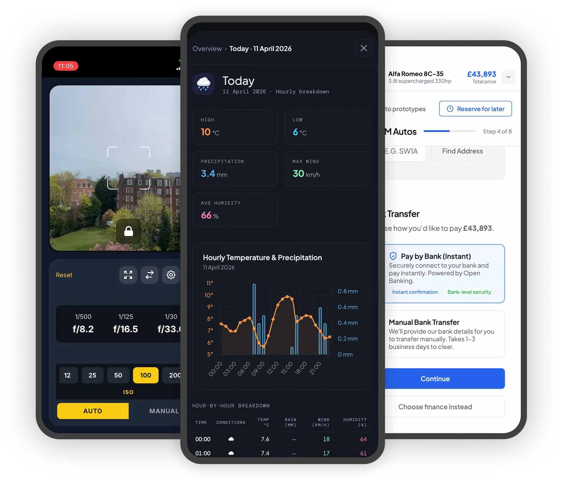 Some screenshots of the Reserve & Collect journey on mobile devices. This image is a collage of screens created for the prototype, and they are tilted 30 degrees. It's more an illustration than a technical drawing.